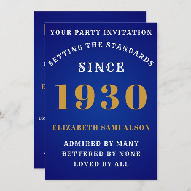 Convites Aniversário Personalizado 1930 Azul Elegante Branc (Frente/Verso)