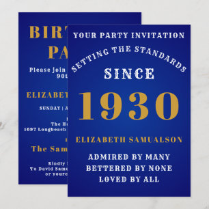 Convites Aniversário Personalizado 1930 Azul Elegante Branc