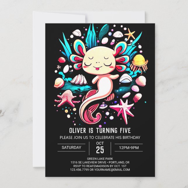 Convites Aniversário Personalizado Axolotl Imprimível (Frente)