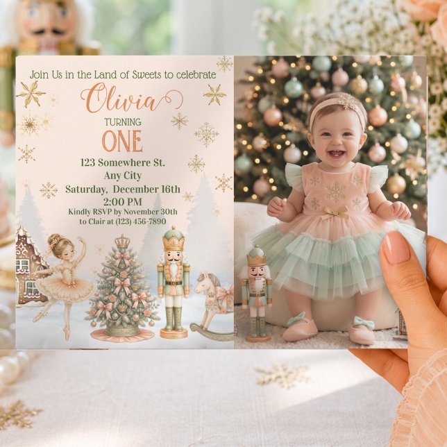 Convites Aniversário Personalizado com Foto do Quebra-Nozes (Nutcracker Ballerina Photo Snow Globe Sweet One Invitation)
