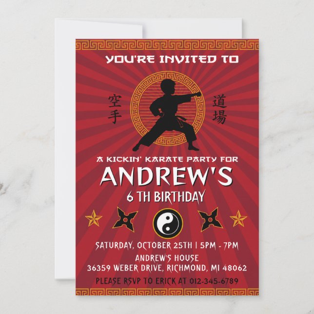 Convites Aniversário Personalizado de Karate Kung Fu (Frente)