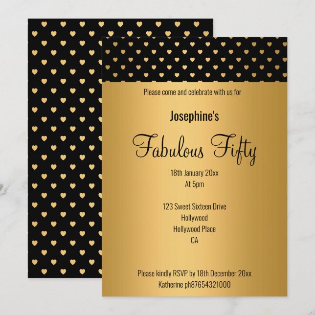 Convites ANIVERSÁRIO PERSONALIZADO DO PADRÃO PRETO Dourado  (Frente/Verso)