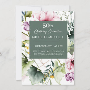 Convites Aniversário Personalizado Elegante Floral 50º