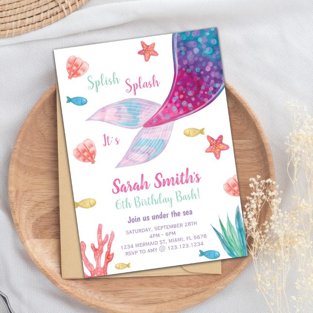 Convites Aniversário personalizável de Sereia Rosa-Rosa-Ros (Dark Pink Mermaid Tail Birthday Invitation)