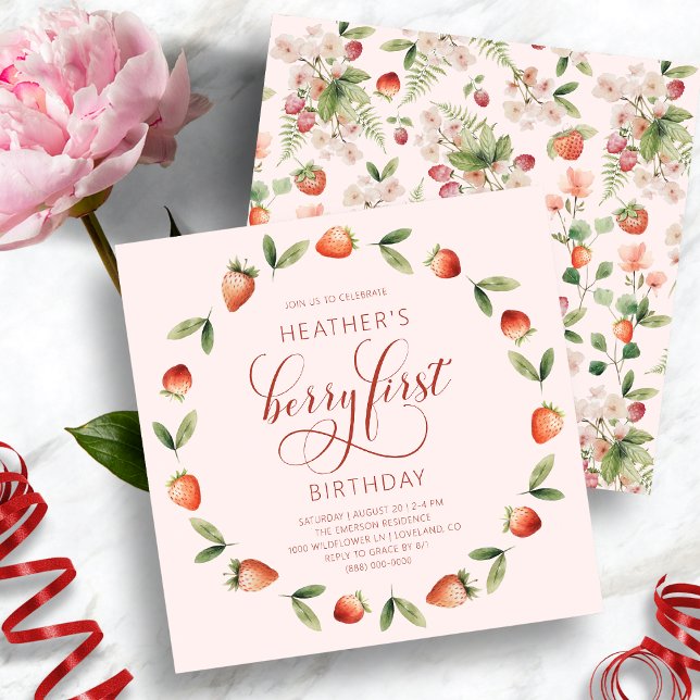 Convites Aniversário Pink Berry (Pink Berry First Birthday Invitation with Strawberries by Painted Paperie
)
