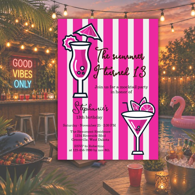 Convites Aniversário Pink The Summer I Turned 13 Mocktail (Criador carregado)