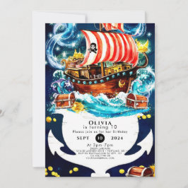 Convites Aniversário Pirata de Navio de Cores Aquáticas Enc