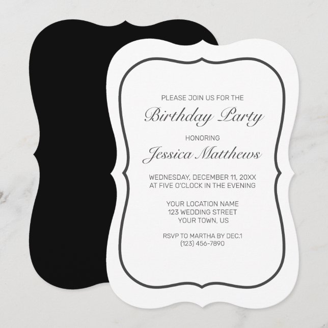 Convites Aniversário Preto Branco Minimalista Moderno (Frente/Verso)