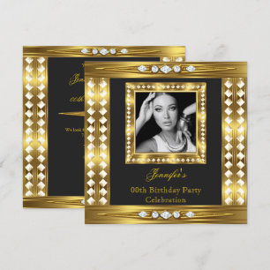 Convites Aniversário Preto Diamante Glam Ouro Foto Elegante