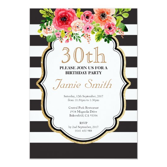 Convites Aniversario Preto E Branco Da Listra Da Flor Da Zazzle