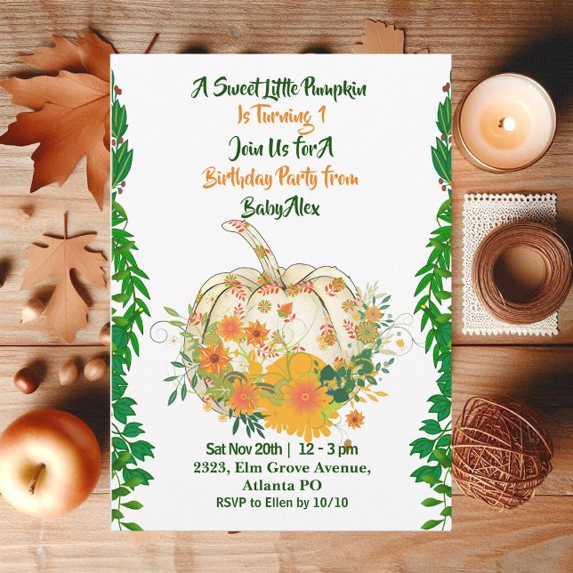 Convites Aniversário, Pumpkin Greenery Caiu Cores (Sweet Little Pumpkin Greenery Fall Colors Birthday Invitation)