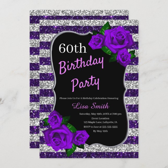 Convites Aniversário Púrpura Prata Stripe Rosa (Frente/Verso)