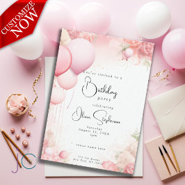 Convites Aniversário QR Aquarela Shabby Chic Rosa