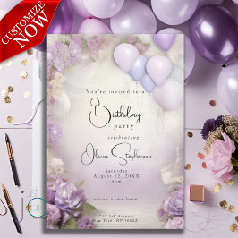 Convites Aniversário QR Lilás Floral e Balões