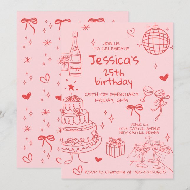 Convites Aniversário Rabiscado Adulto Desenhado à Mão (Frente/Verso)