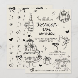 Convites Aniversário Rabiscado Adulto Desenhado à Mão
