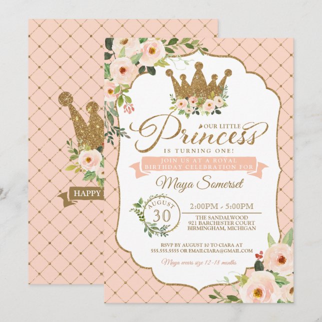 Convites Aniversário Real da Pequena Princesa Blush (Frente/Verso)