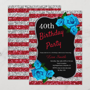 Convites Aniversário Red Silver Strike Glitter Rosas Azuis