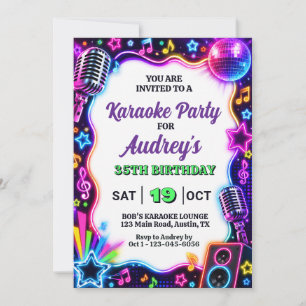 Convites Aniversário Retro de Karaoke Neon Colorido