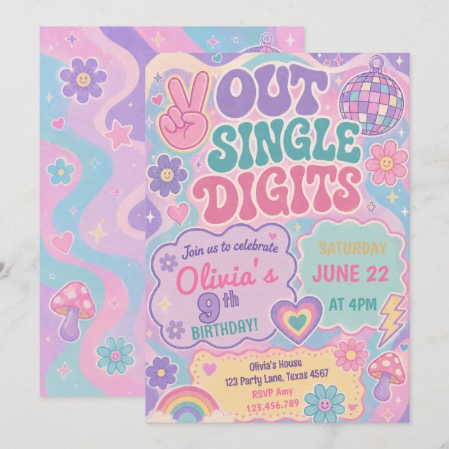 Convites Aniversário Retro Groovy de Paz Fora Dígitos Único (Frente/Verso)