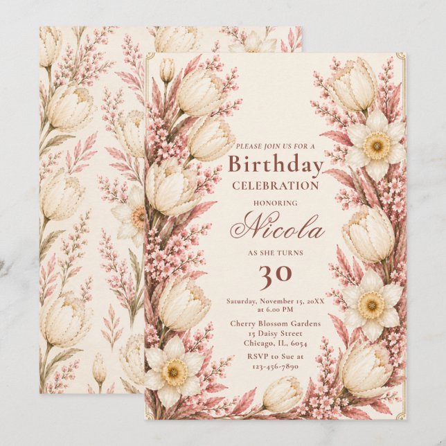 Convites Aniversário Rosa Bege e Champanhe (Frente/Verso)