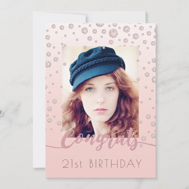 Convites Aniversário rosa dourado foto diamante glam (Frente)