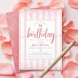 Convites Aniversário rosa dourado glitter script ano person