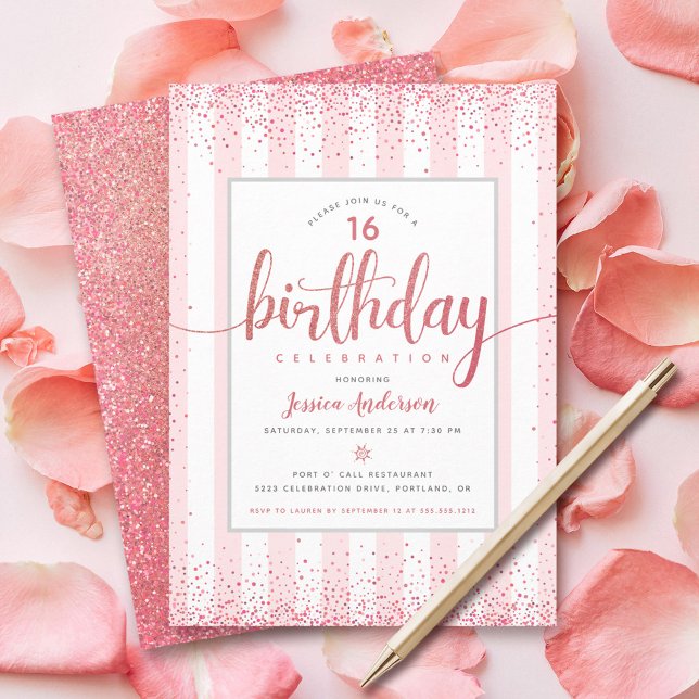 Convites Aniversário rosa dourado glitter script ano person (Criador carregado)