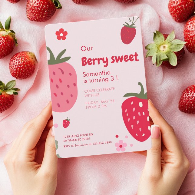 Convites Aniversário rosa e doce com morango (Criador carregado)