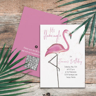 Convites Aniversário Rosa Flamingo Fofo Código QR Mídia Soc