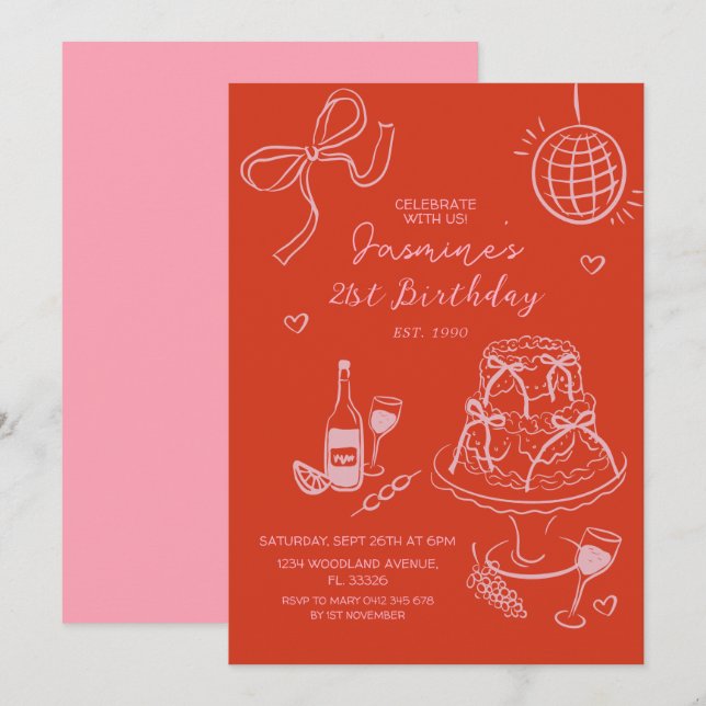 Convites Aniversário Rosa-Rosa-Rosa-Desenho-Vermelho (Frente/Verso)