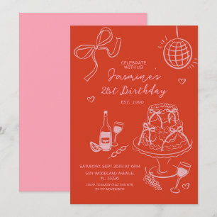 Convites Aniversário Rosa-Rosa-Rosa-Desenho-Vermelho