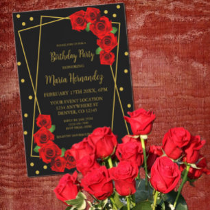 Convites Aniversário rosa vermelha Preto e Dourado