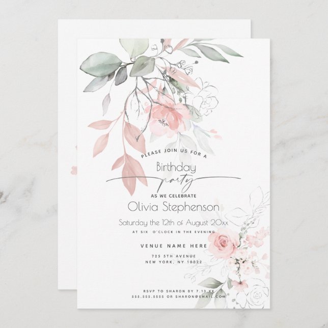 Convites Aniversário | Rosas Bonito de algodão cor-de-rosa (Frente/Verso)