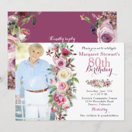 Convites Aniversário roxo do 80 da foto do rosa do rosa