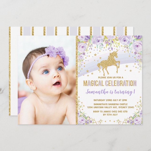 Convites Aniversário roxo do ouro da lavanda do unicórnio (Frente/Verso)