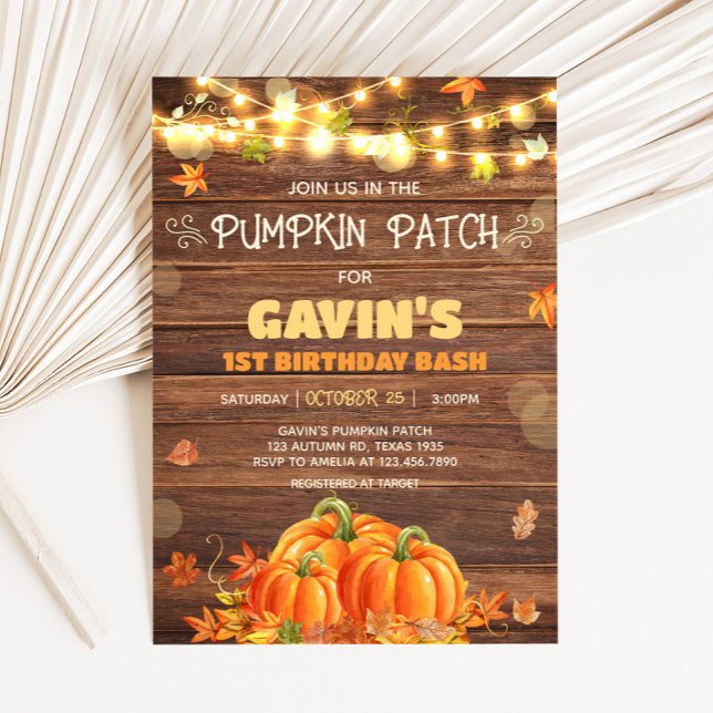 Convites Aniversário Rustic Autumn Pumpkin Patch (Rustic Autumn Pumpkin Patch String Lights Birthday Invitation)