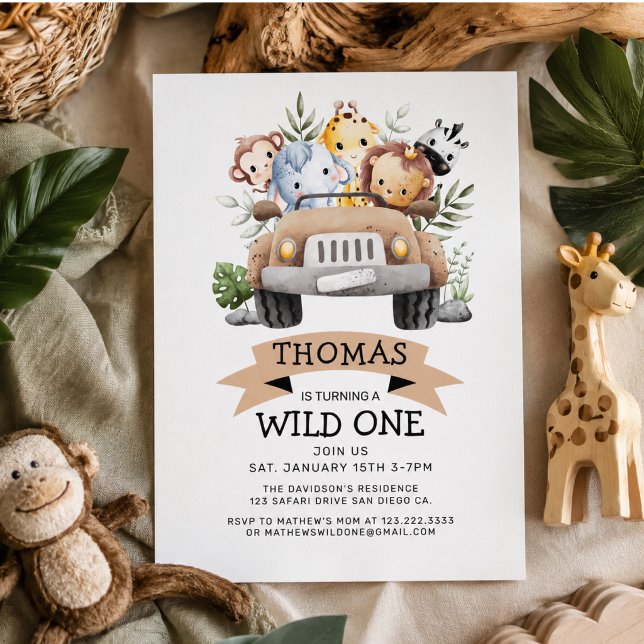 Convites Aniversário Safari Tropical Selvagem  (Wild One Tropical Jungle Safari Birthday Invitation)