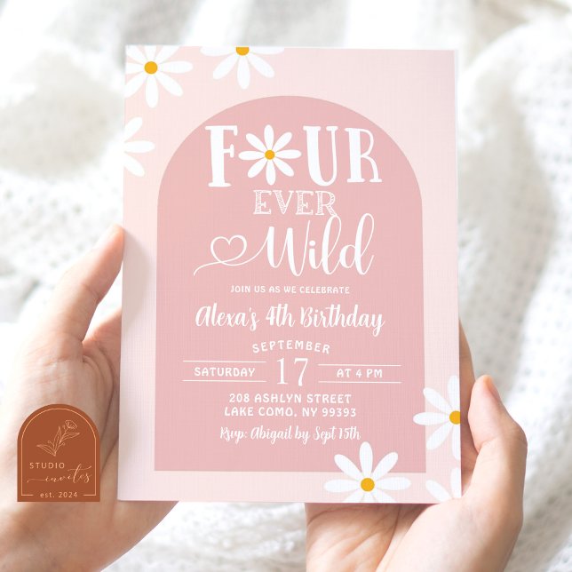 Convites Aniversário Selvagem Arco Boho Rosa Daisy Fourever (Criador carregado)