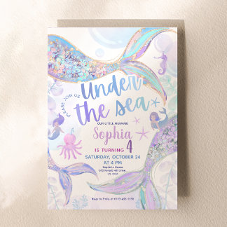 Convites Aniversário Sereia com Brilho Azul Pastel Roxo Dou