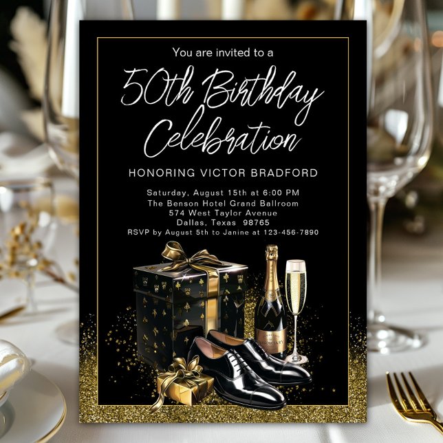 Convites Aniversário sofisticado de escala superior Dourada (Men's classy any number birthday and event invitation with black and gold festive theme. )