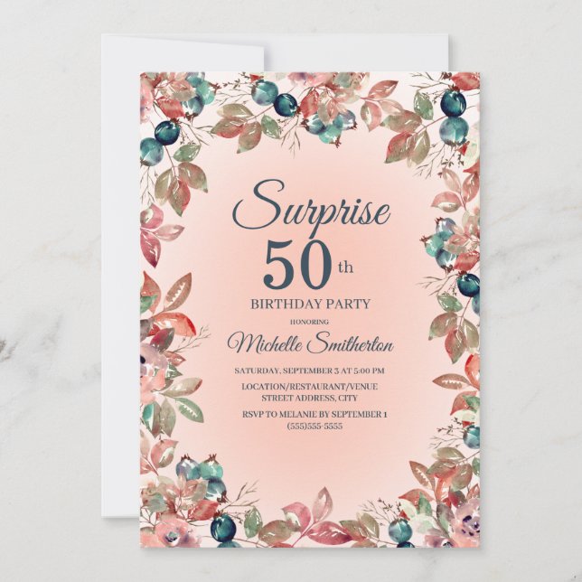 Convites Aniversário Surpresa 50ª Mulher Rosa Teal Floral (Frente)