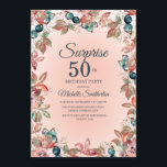 Convites Aniversário Surpresa 50ª Mulher Rosa Teal Floral<br><div class="desc">Elegante cor-de-rosa botânico e branco-d-água floral e deixa tema-50º convite de aniversário surpresa para mulheres. Bonito para uma celebração em qualquer época do ano, mas perfeitamente adequado para o outono. O texto, a fonte, o tamanho e a cor da fonte são completamente personalizáveis, de modo que este cartão pode ser...</div>