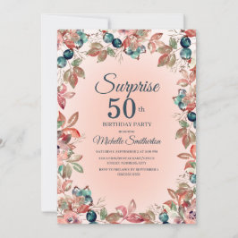 Convites Aniversário Surpresa 50ª Mulher Rosa Teal Floral