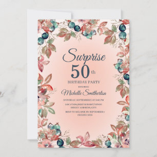 Convites Aniversário Surpresa 50ª Mulher Rosa Teal Floral