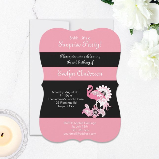 Convites Aniversário Surpresa Moderno Flamingo Rosa Preto (Criador carregado)