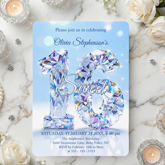 Convites Aniversário Sweet 16 Brilho Diamante Azul Glamouro (Criador carregado)