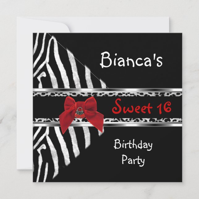Convites Aniversário Sweet 16 Vermelho Prata Preto Zebra Le (Frente)