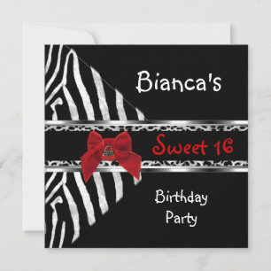 Convites Aniversário Sweet 16 Vermelho Prata Preto Zebra Le