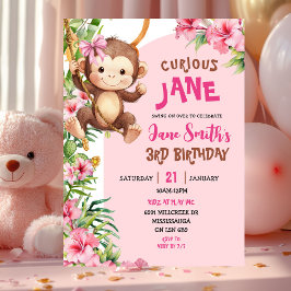 Convites Aniversário Tema Safari Macaco Curioso Rosa